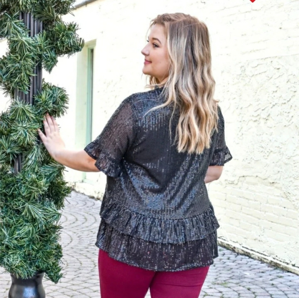 MIDNIGHT TOASTS SEQUIN TOP - BLACK New - Picture 6 of 8